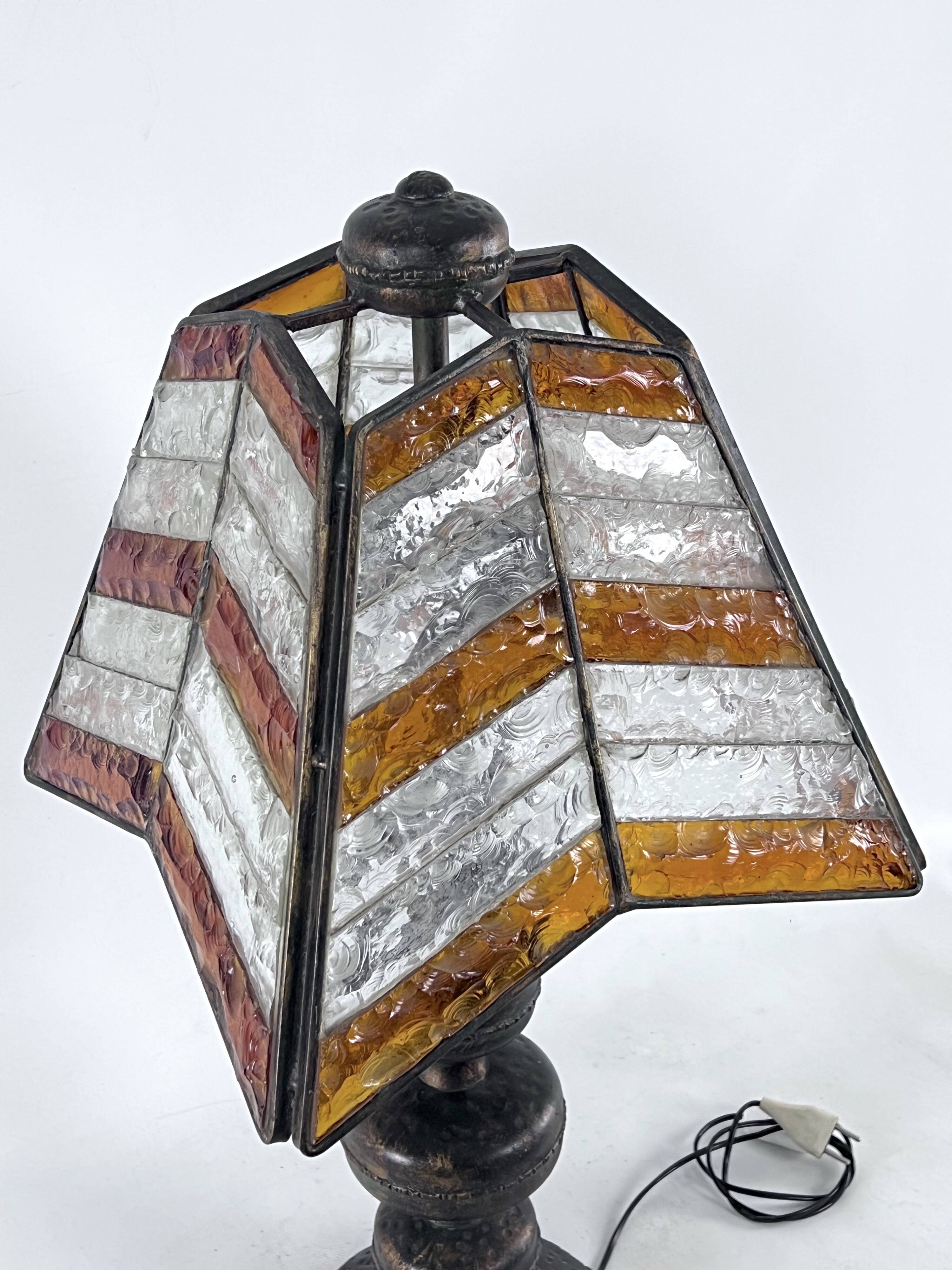 Monumental brutalist thick glass and metal table lamp by Longobard. Italy 1