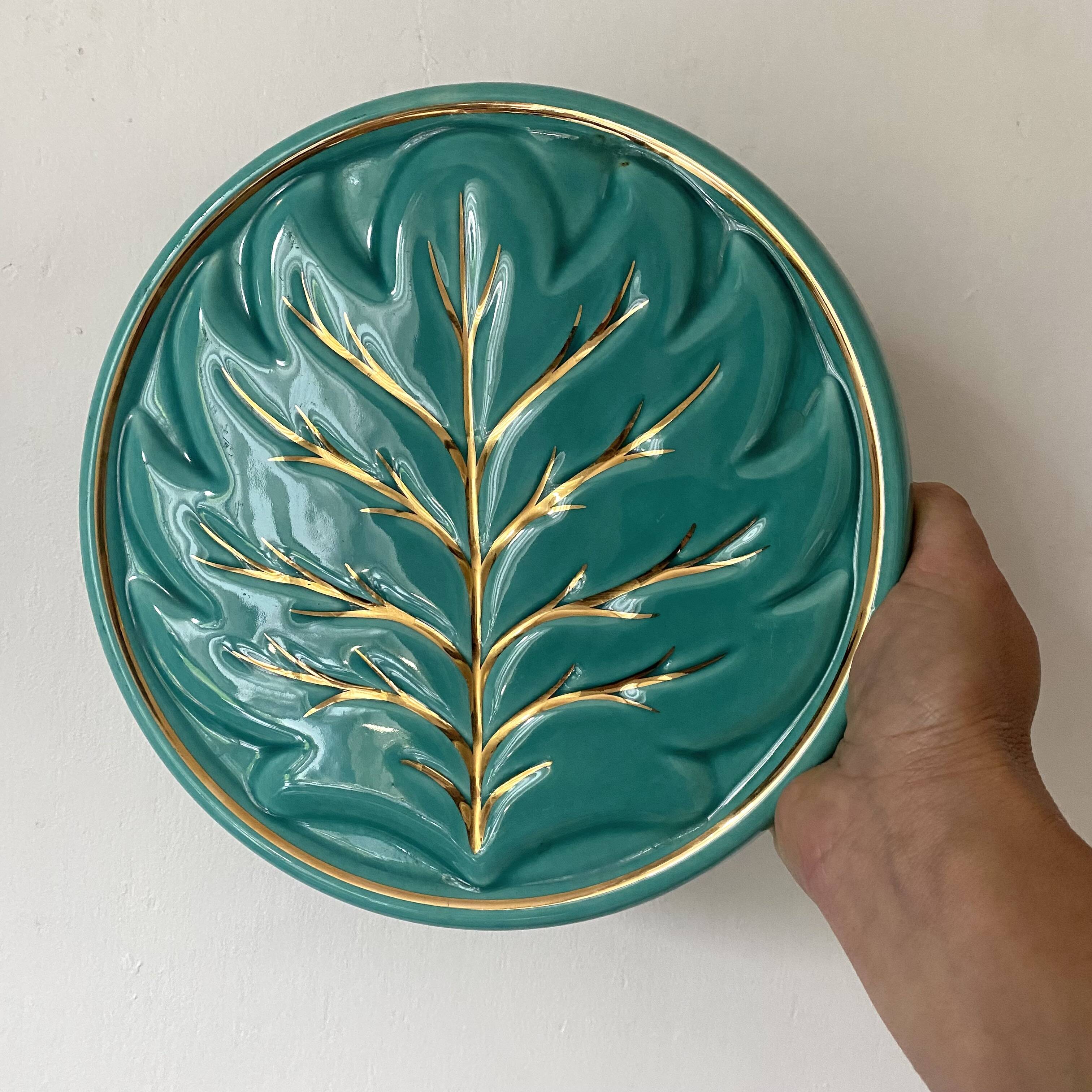 Turquoise and gold leaf slip trivet