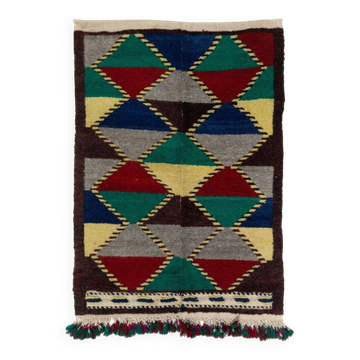 Tapis Tulu turc vintage fait main, coloré et unique, avec un design géométrique, 100 % laine.