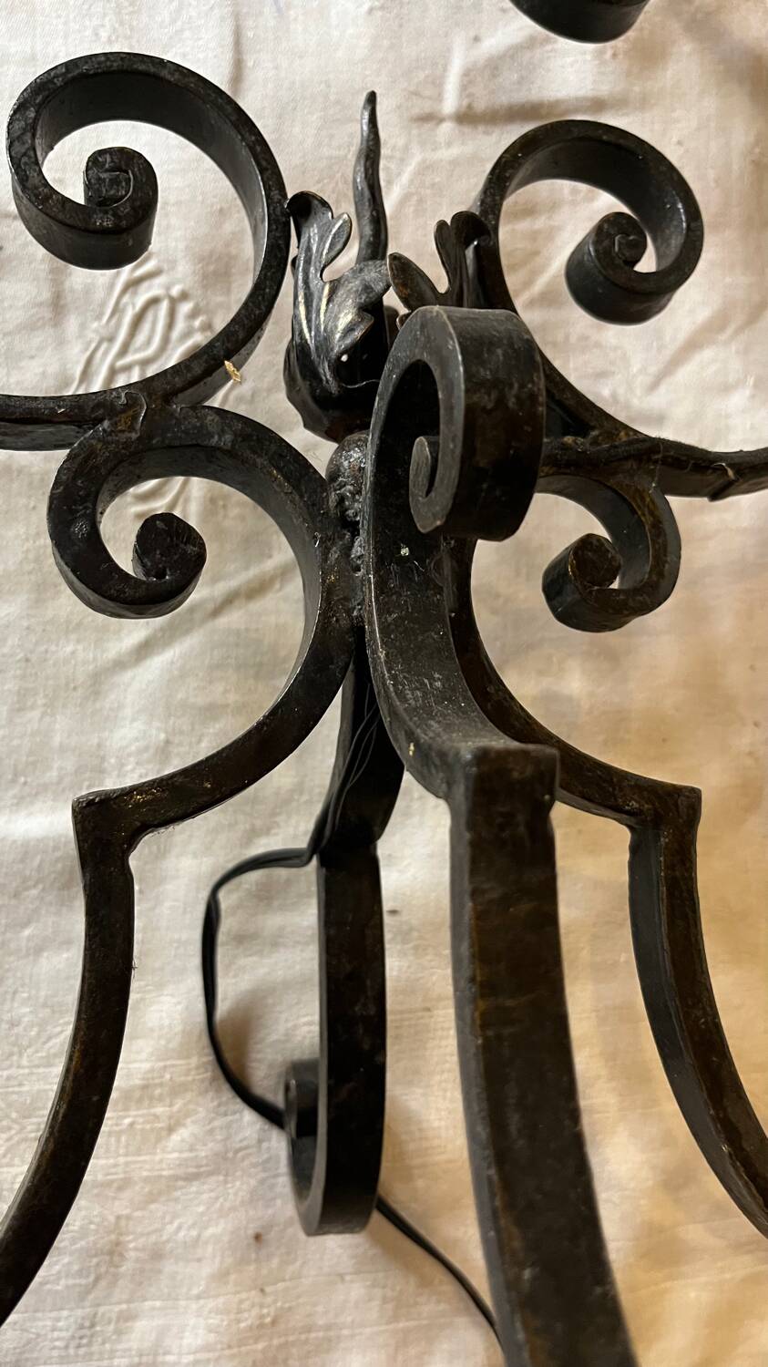 Pair of 3-light wrought iron candlesticks on vintage legs