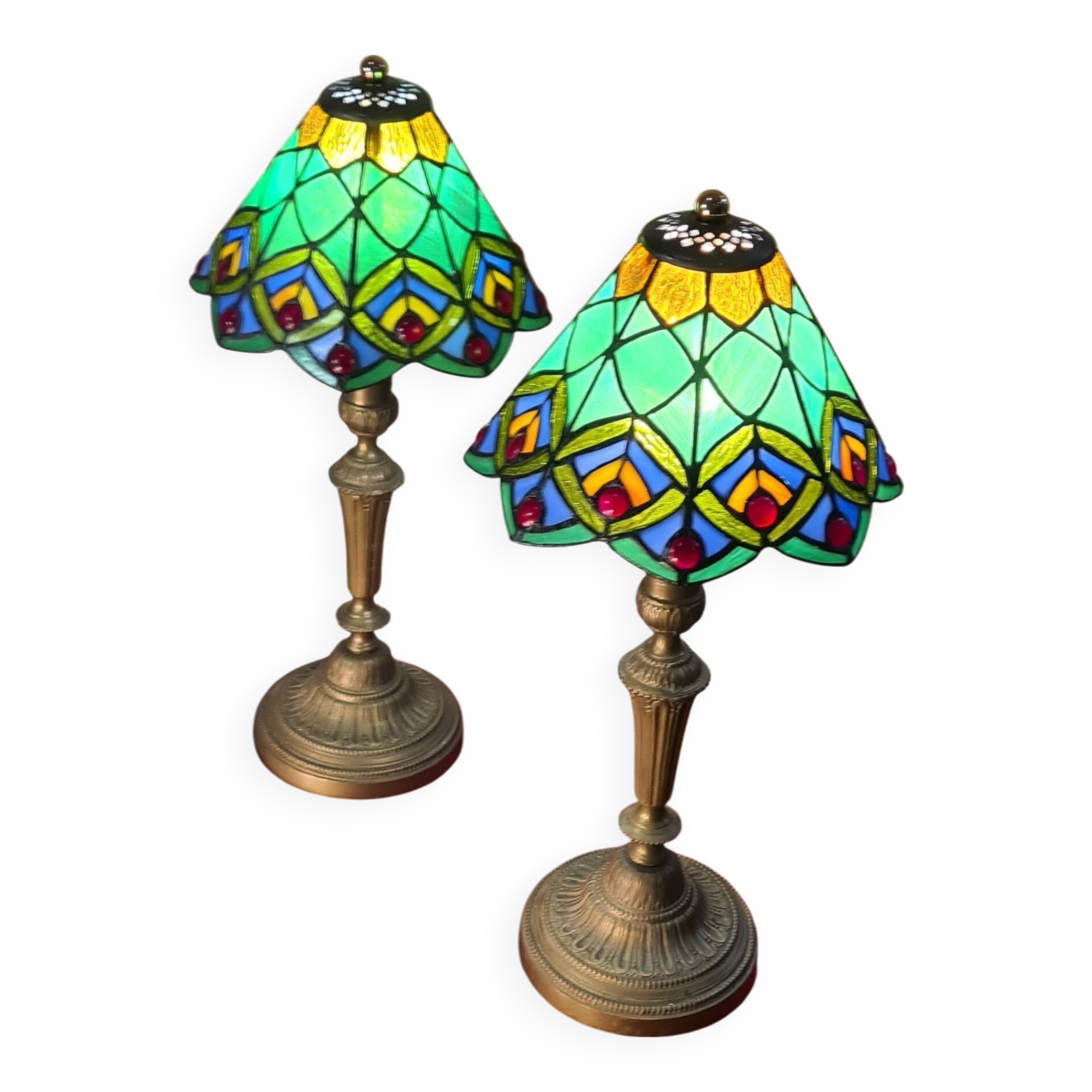 Pair of art nouveau bronze lamps, Tiffany-style glass lampshades