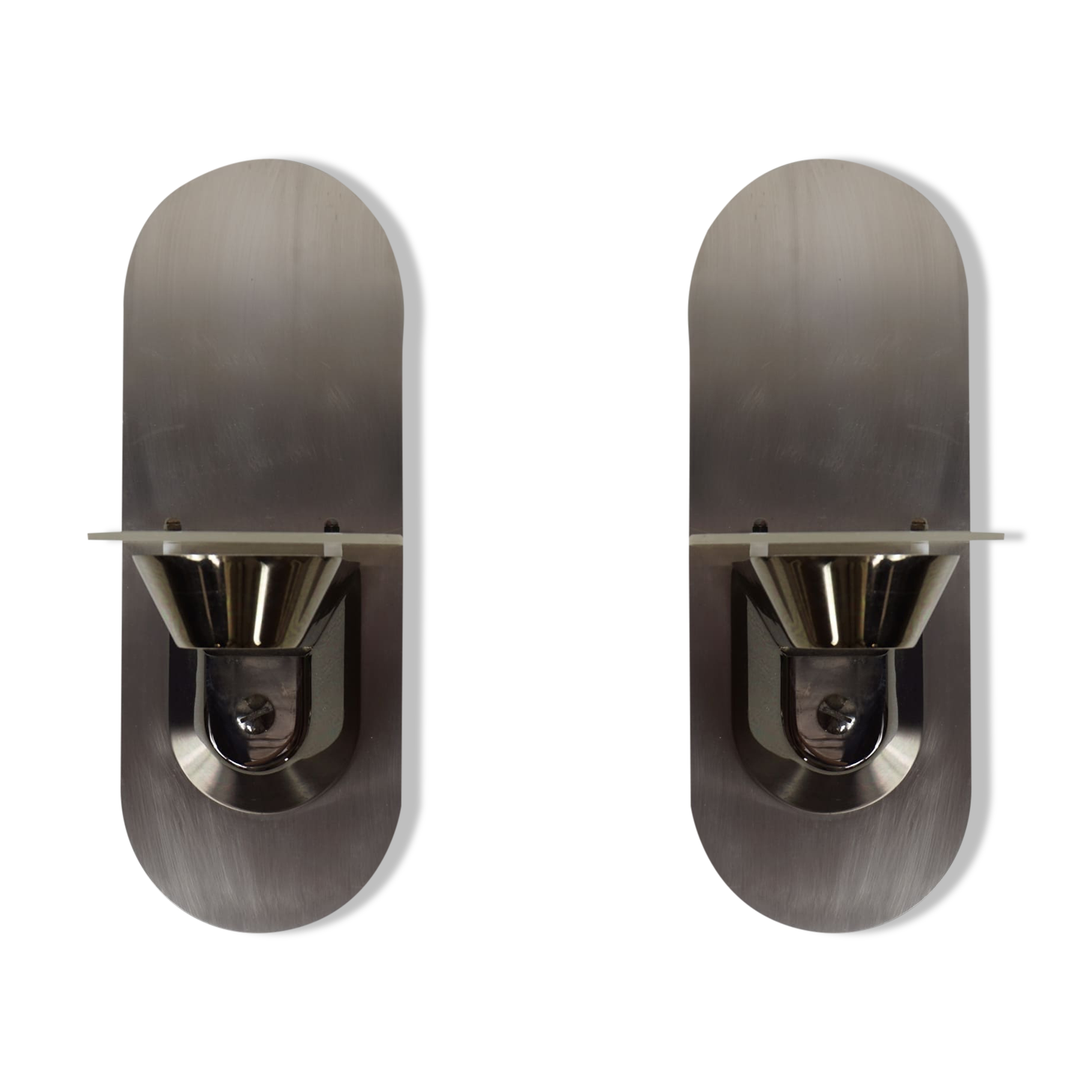 Pair of stainless steel and glass wall lamps