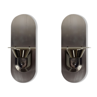 Pair of stainless steel and glass wall lights
