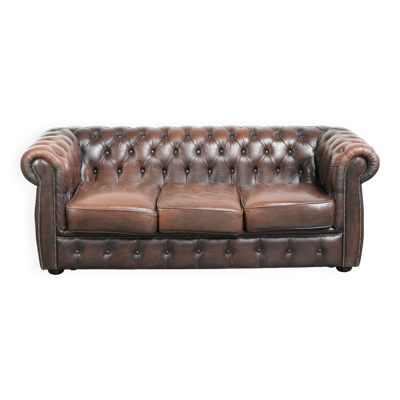 Canapé Chesterfield 3 places en cuir de vachette marron de style anglais