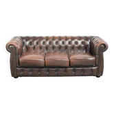 Brown cowhide leather Chesterfield 3-seater sofa in English style