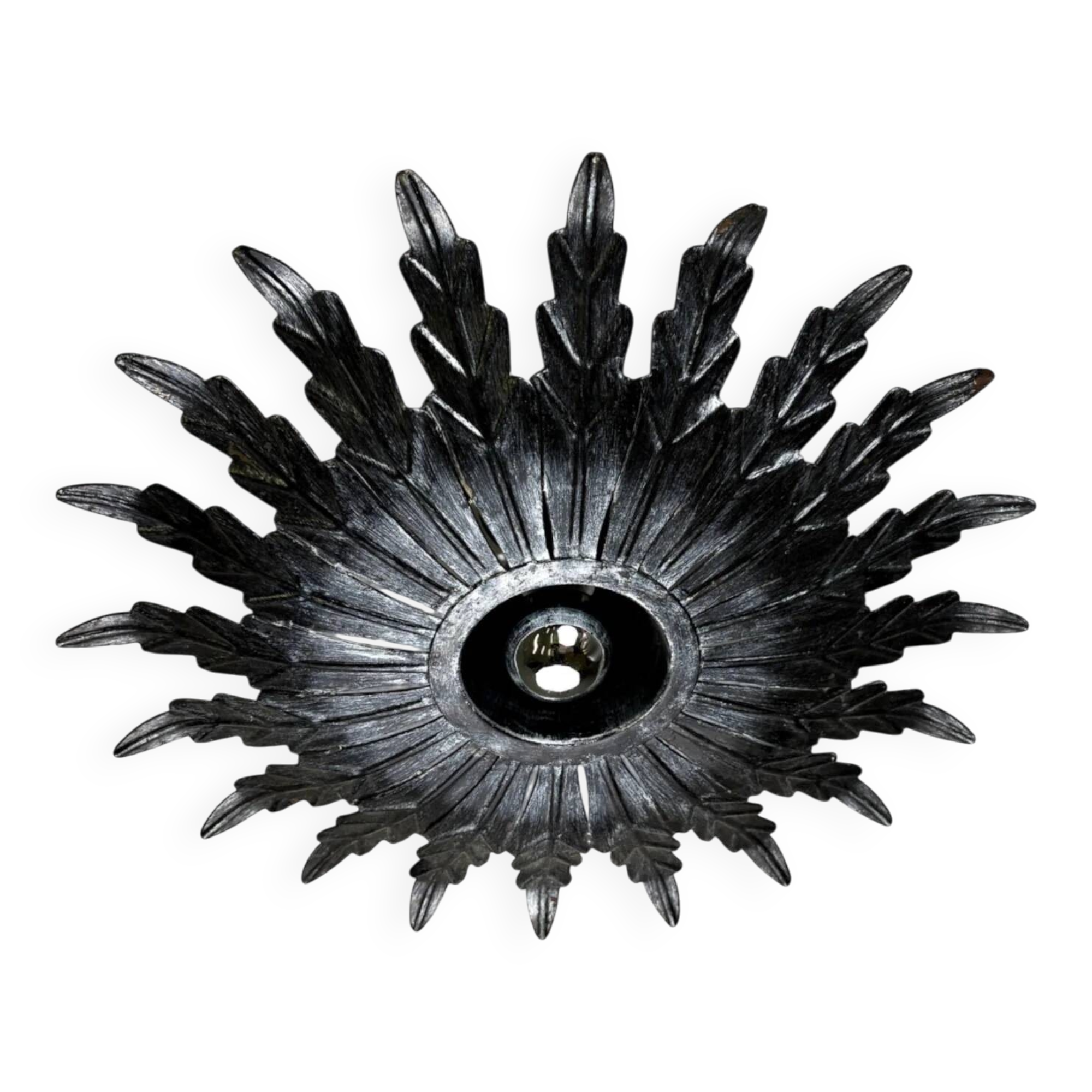 Spanish sunburst ceiling light – dark gilt metal rays, 1950s