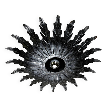 Spanish sunburst ceiling light – dark gilt metal rays, 1950s