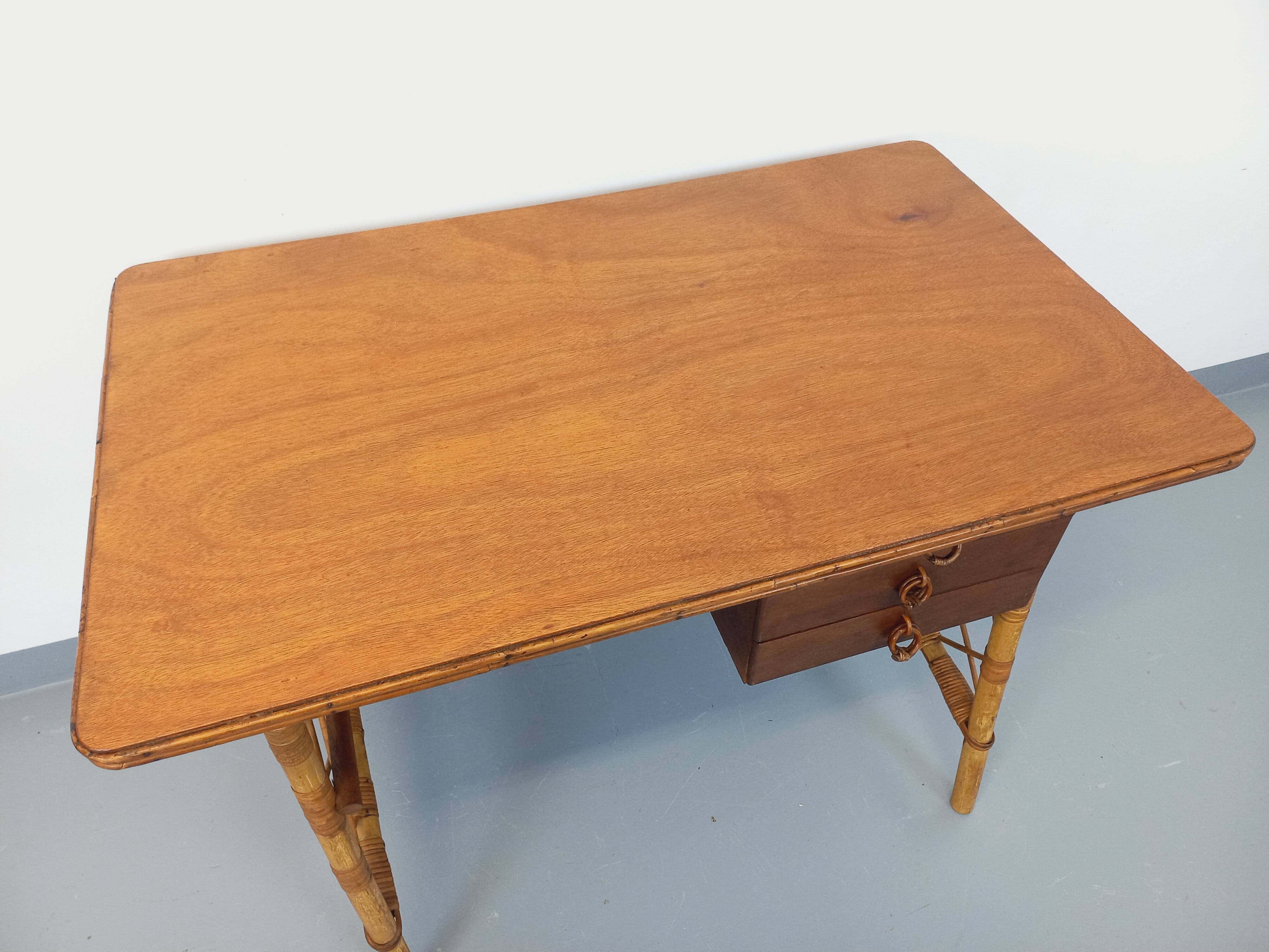 Vintage Louis Sognot desk in rattan and wood from the 1960s