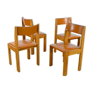 Set de 4 chaises Luigi Gorgoni en orme & cuir Édition roche bobois 1970