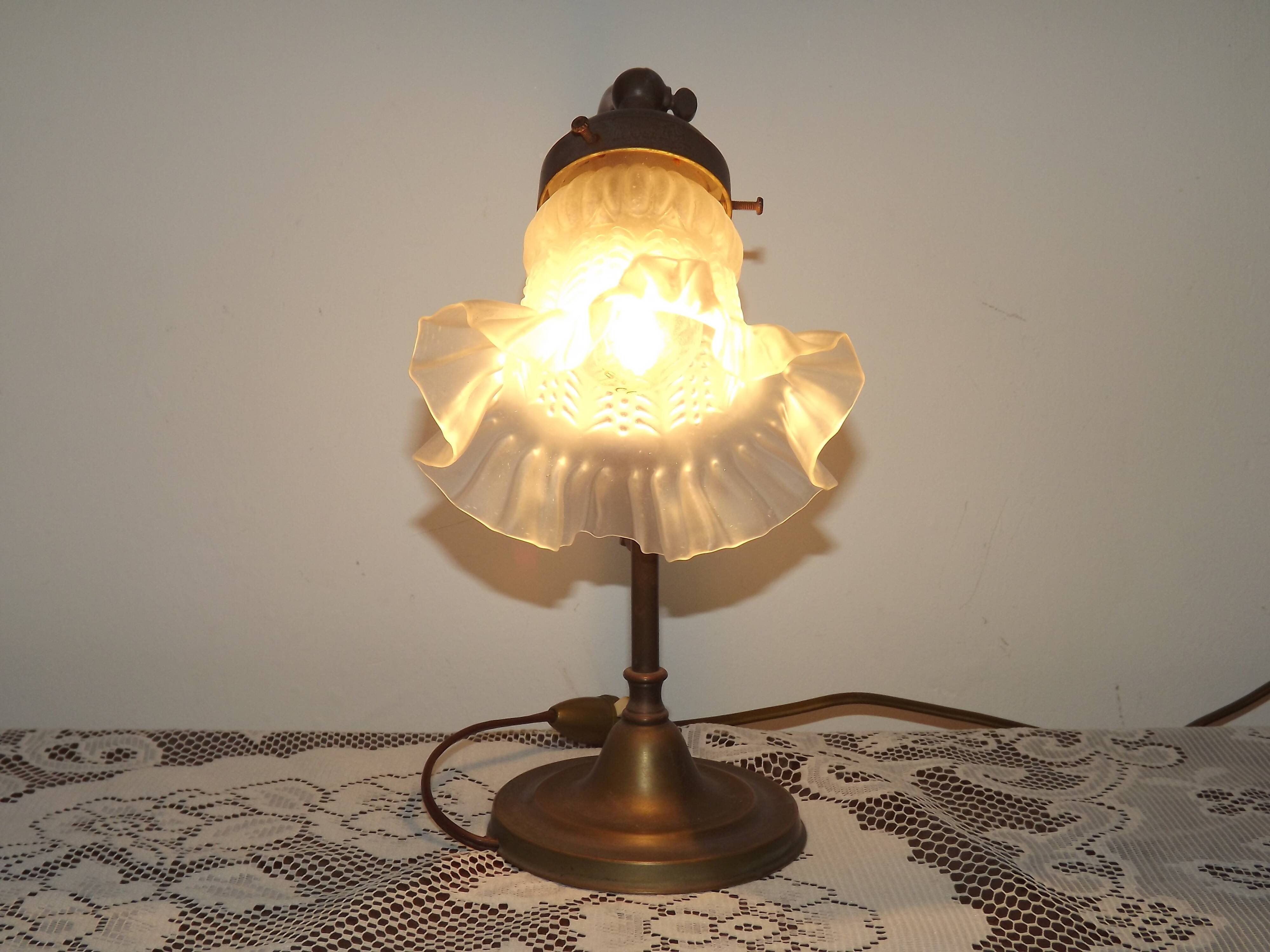 Vintage French Brass Anglepoise Table Lamp with Opaque Patterned Glass Shade 5087