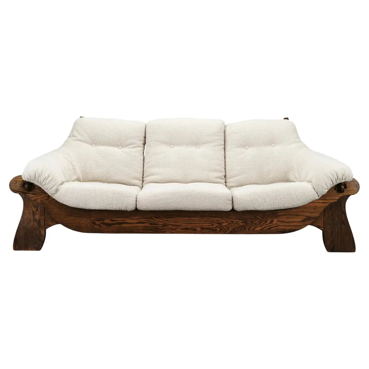 Brutalist Solid Oak and Bouclé Three-Seat Sofa, Czechoslovakia 1970s