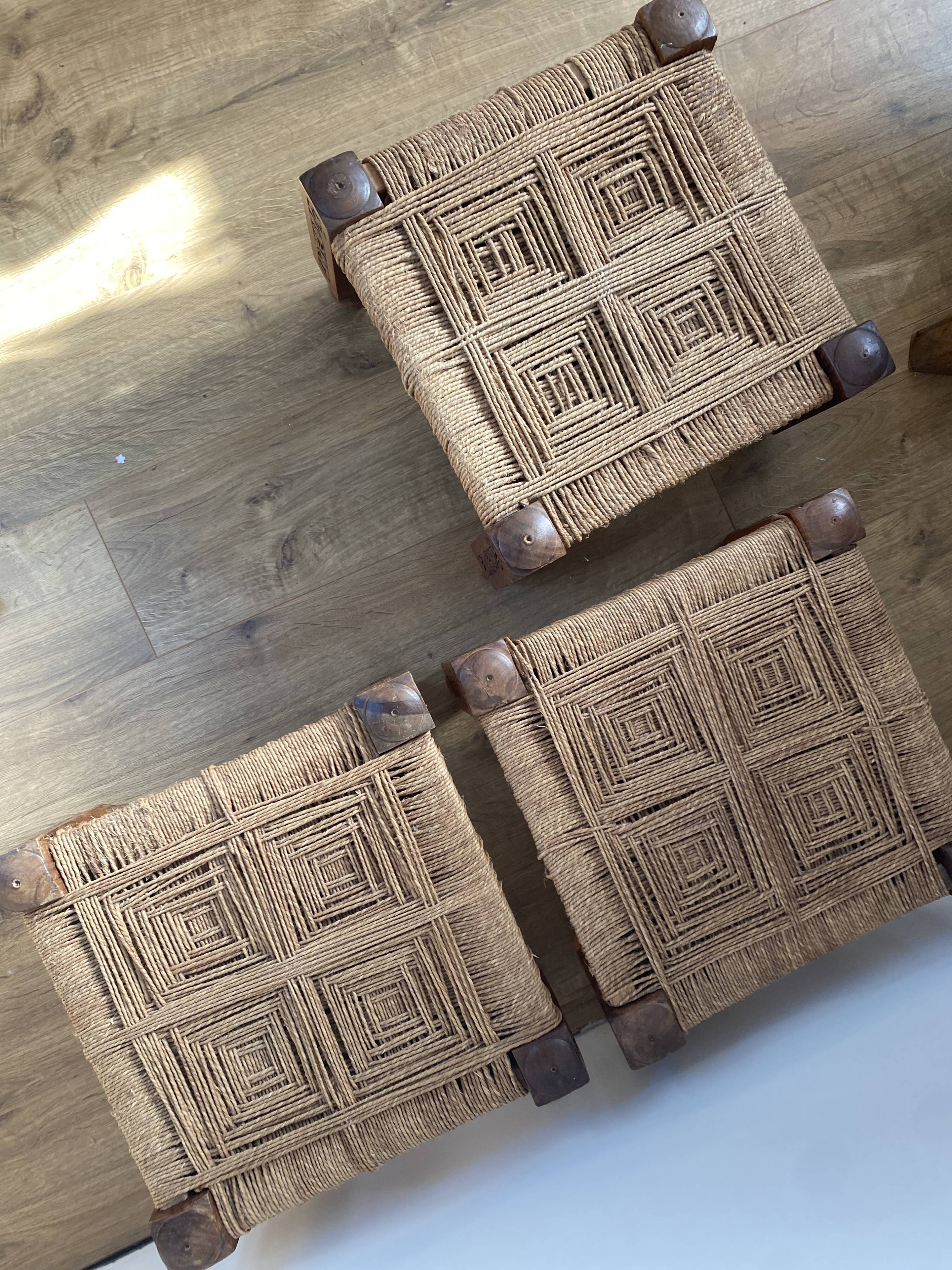 3 wooden and rope charpoy stools