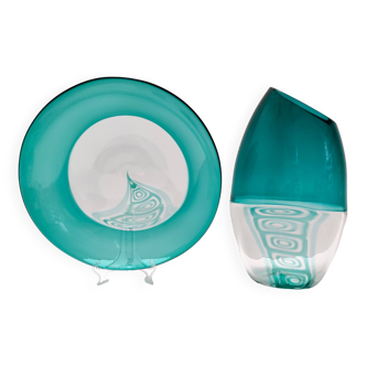 Assiette et vase postmodernes en verre de Murano bleu sarcelle par La Murrina, Italie