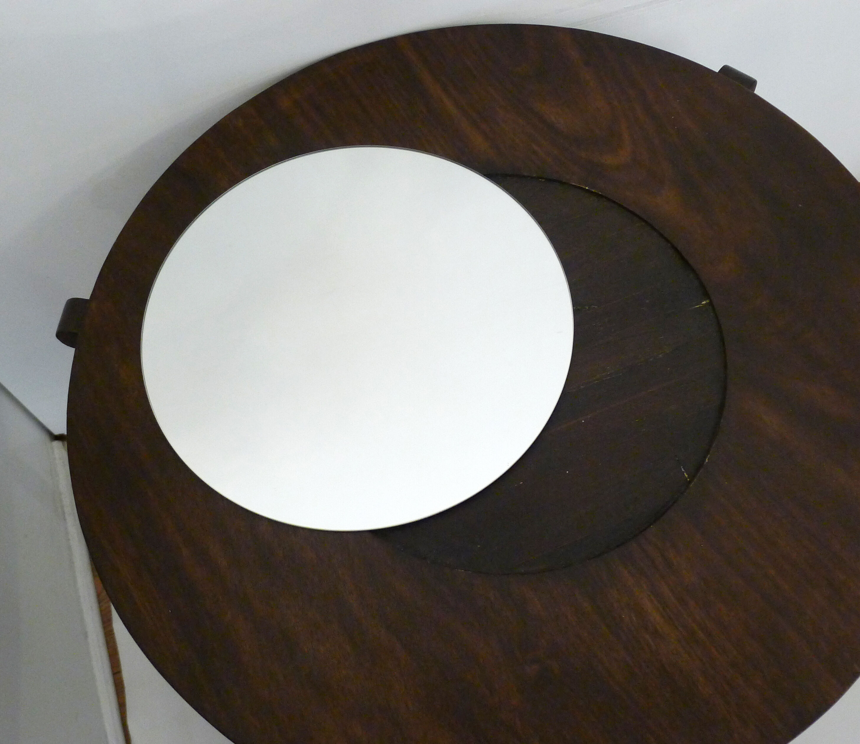 Table basse ronde Art Déco bois foncé & miroir