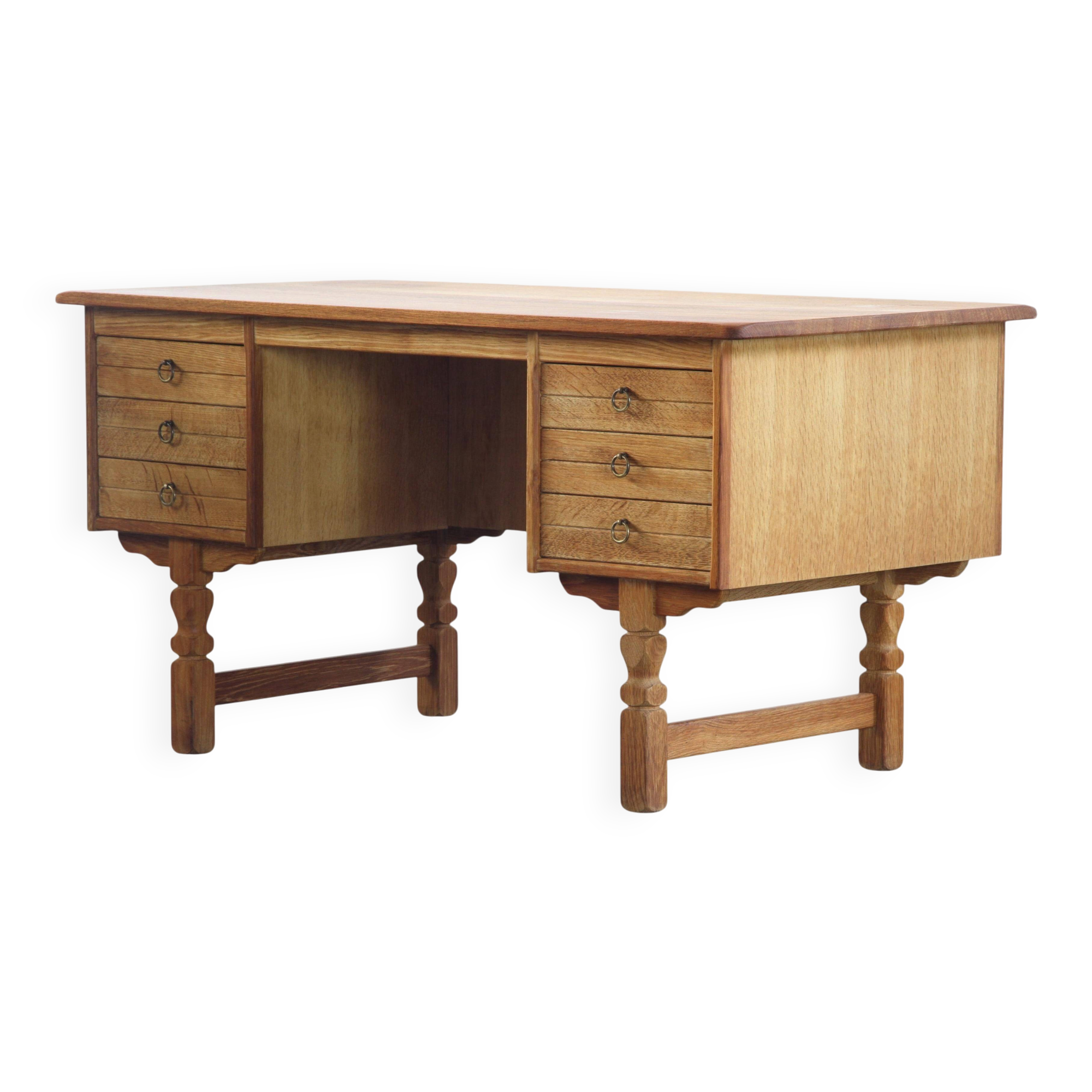 Vintage Mid-Century Oak Desk with 6 Drawers, Open Back, Kjærnulf Style