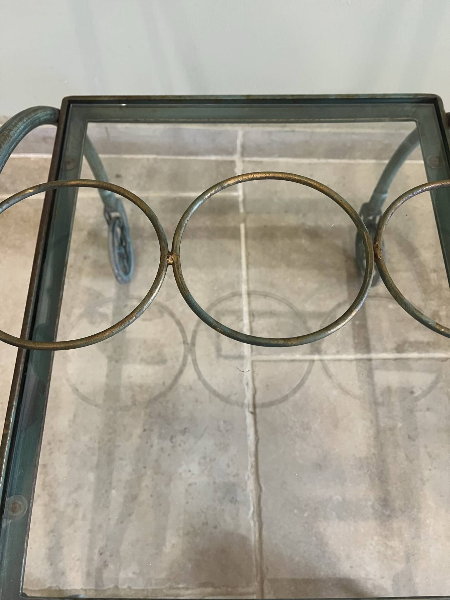 Patinated green-grey wrought iron dessert table