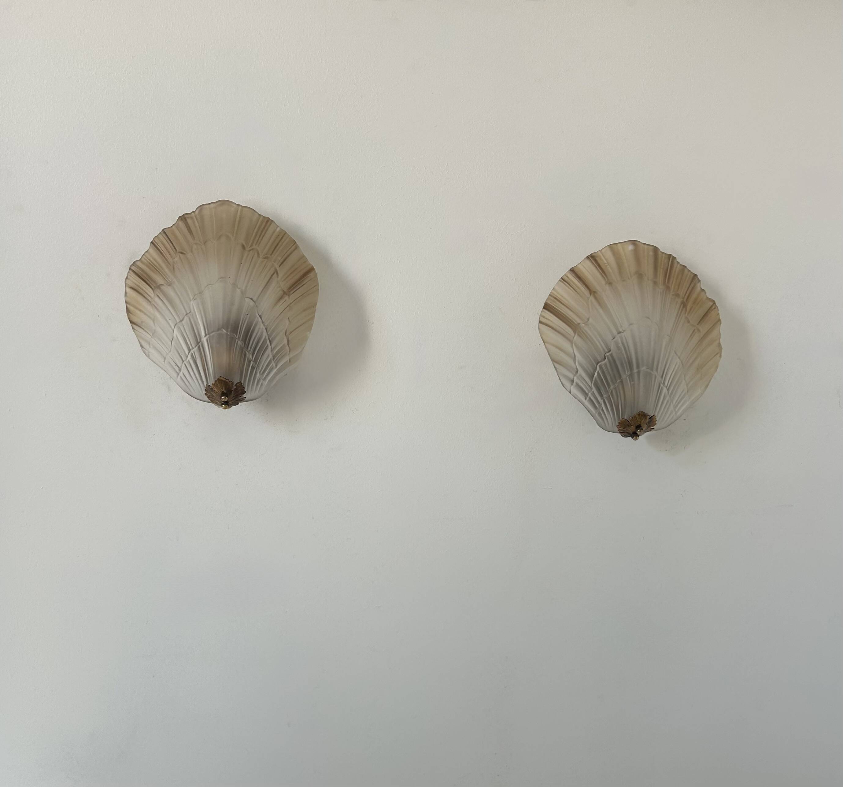 Pair of shell wall lights, glass and brass, France 1960