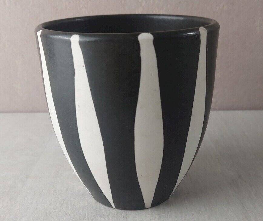 Old ceramic flowerpot, Vallauris style decor, black and white stripes, vintage
