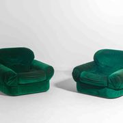 Pair of plump lounge fauteuils in green velvet, Italy 1970s