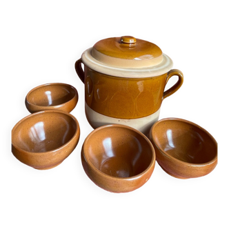 Casserole and 4 bowls Digoin in sandstone