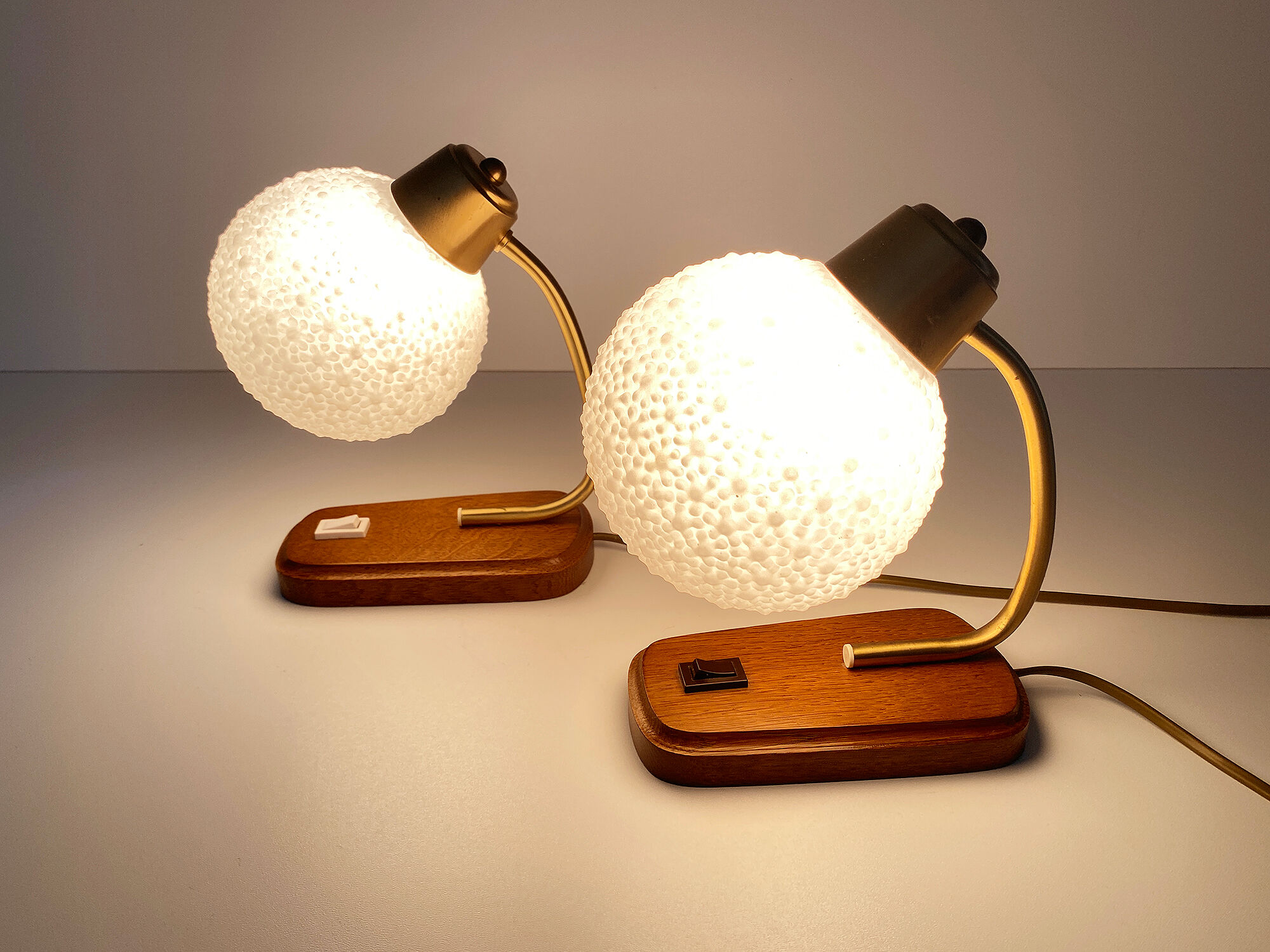 Pair of Scandinavian Vintage Lamps, Wood, Brass and Glass, 60s