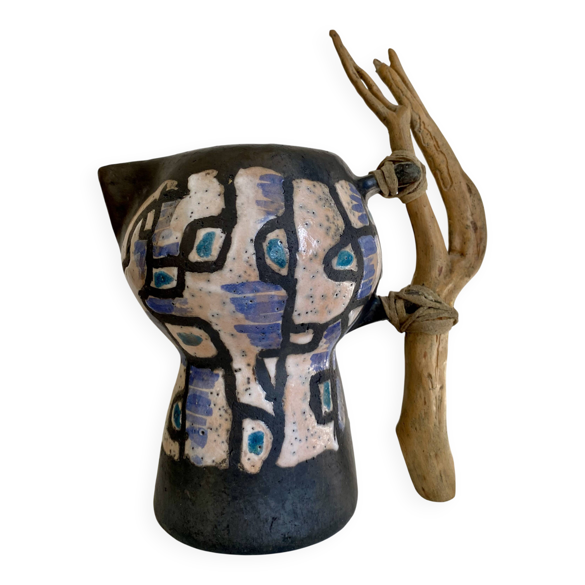 Ceramic and wood pitcher vase, 1980s