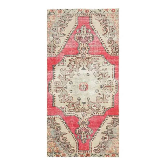 Vintage Turkish Hand-Knotted Wool Cotton Pink Runner Rug 105x228