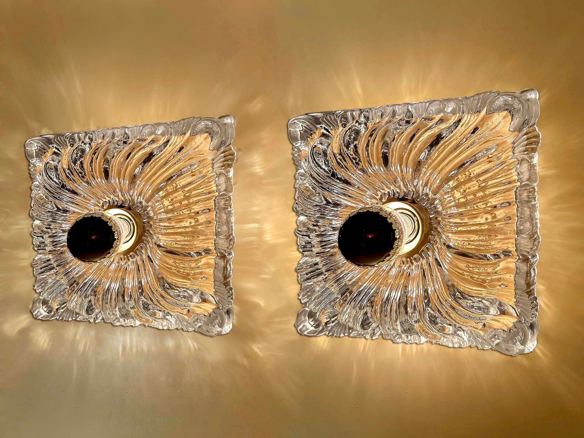 Pair large vintage architectonic wall lamps, 60s, glass