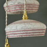 Vintage triple suspension lampshade in Clichy glass, white and red.