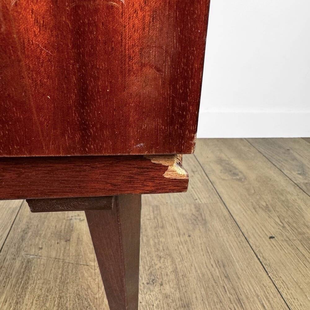 1950s bedside table in varnished wood veneer and brass.
