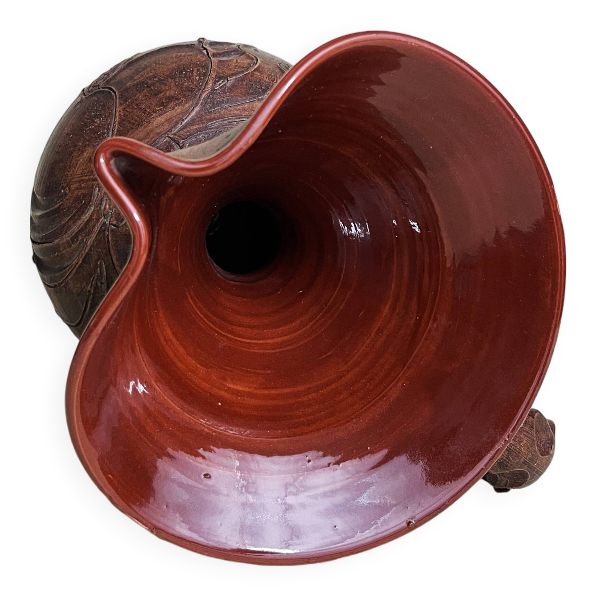 Terracotta Pitcher Vase with Enameled Interior and Engraved Wood Effect