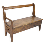 Handcrafted wooden bench with armrest and drawer on the right.