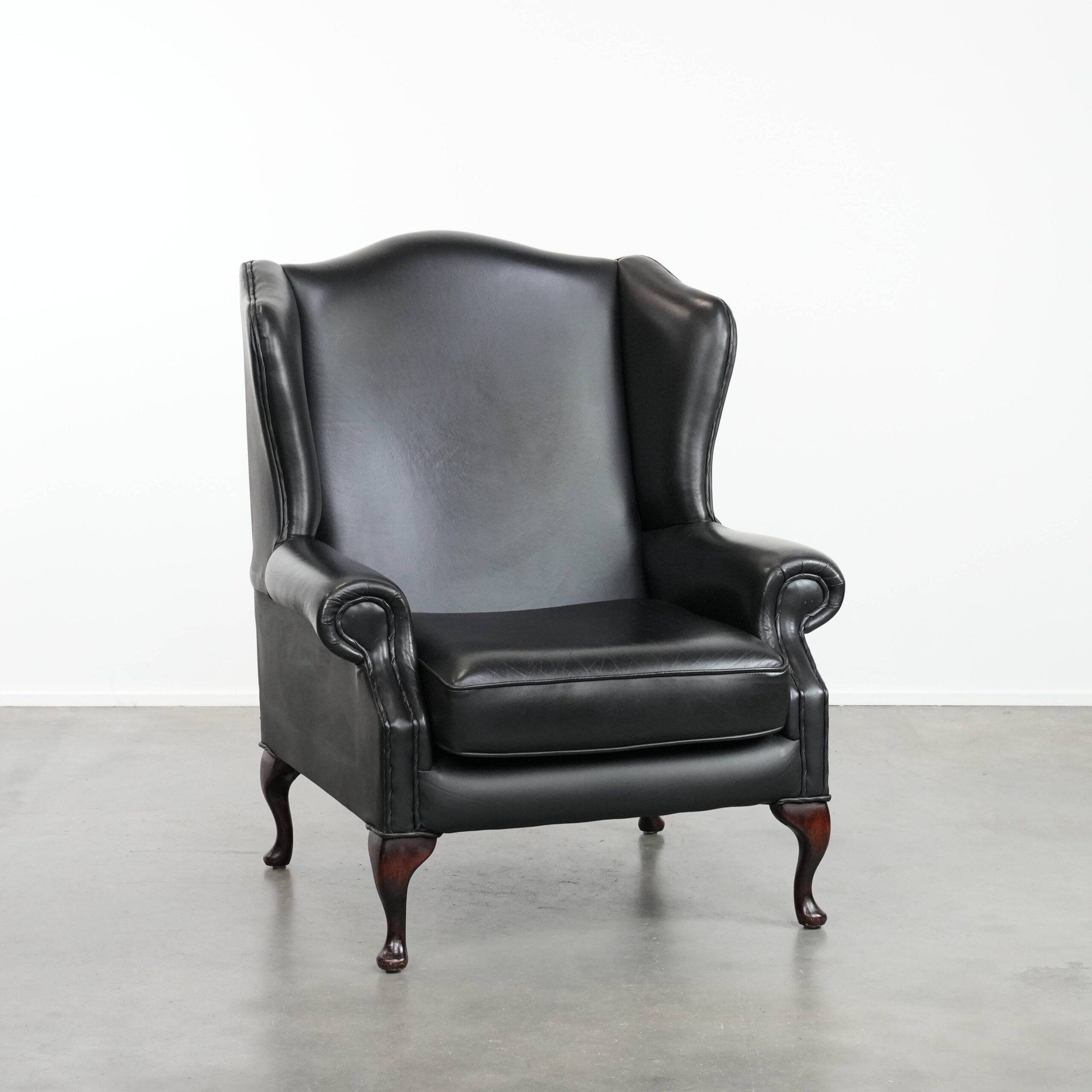 Black cowhide leather Chesterfield wingback chair in English style