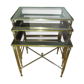 3 tables in gold brass and vintage glass