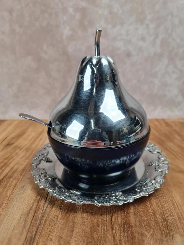 Vintage cobalt sugar bowl & chrome metal – pear shape