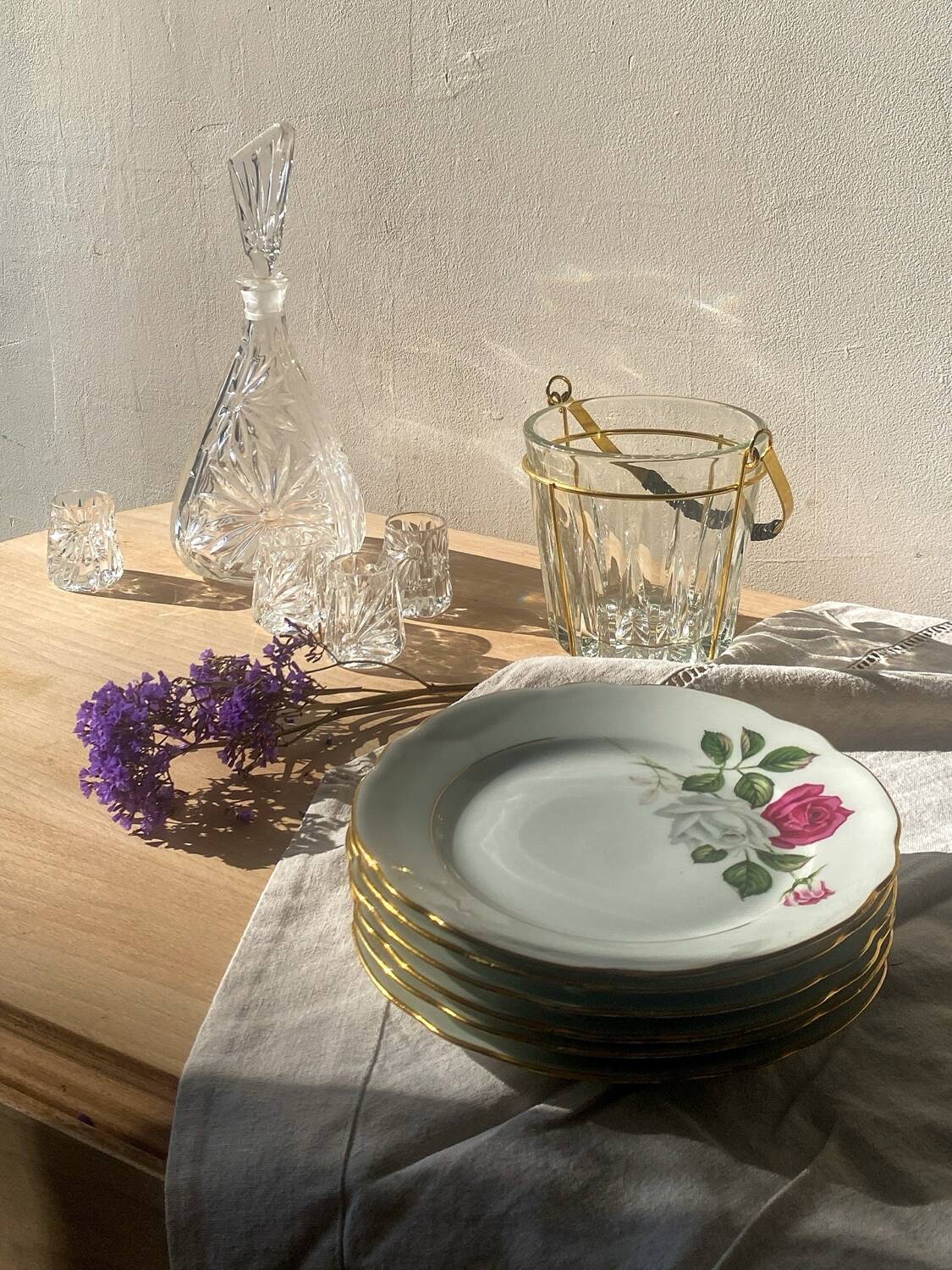 Vintage glass and gold metal ice bucket