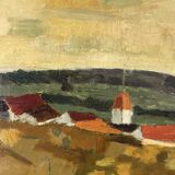Tableau "Village" M.Bellini, Huile sur Panneau signé