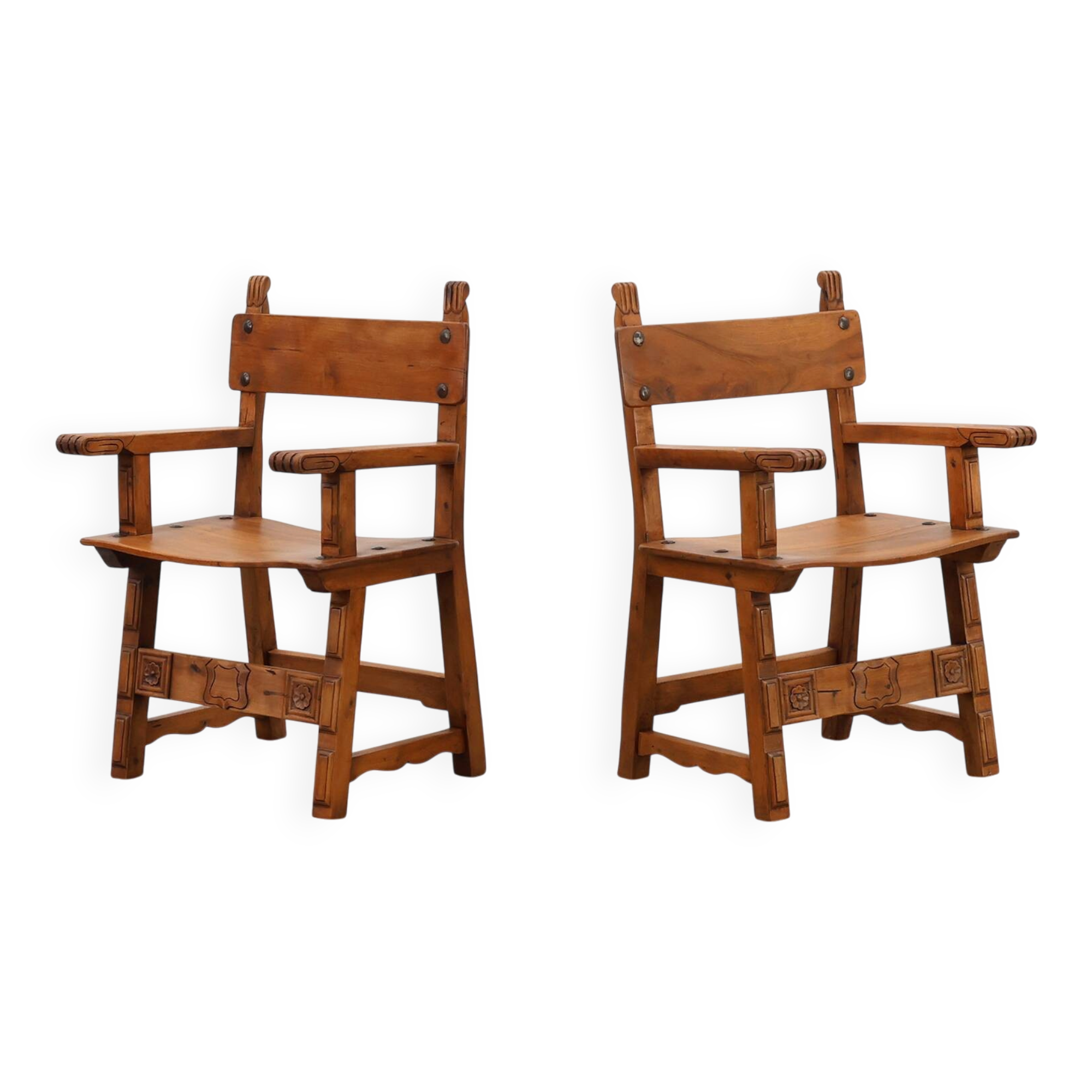 Pair of 2 Rustic carved oak side chairs, Spain ca. 1900