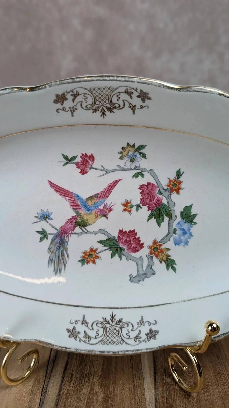 Antique oval plate Kg Lunéville – bird & golden flower decoration