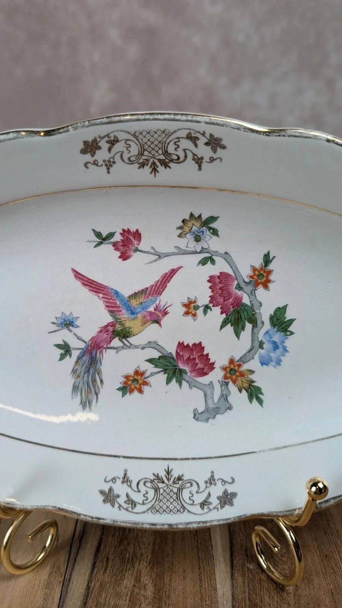 Antique oval plate Kg Lunéville – bird & golden flower decoration