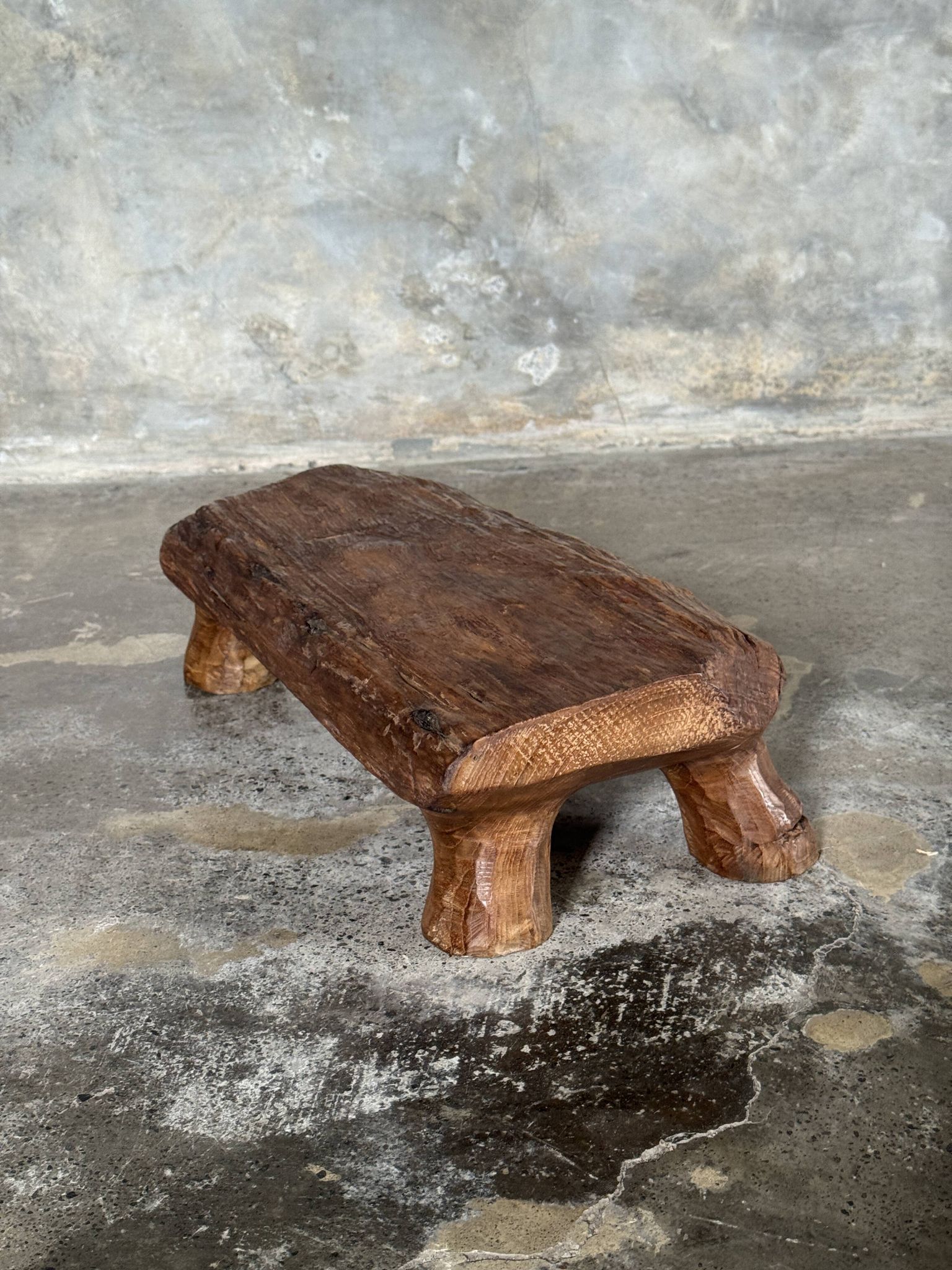 Small stool, footrest in organic blond teak monoxyle wabi-sabi L31