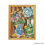 Impressionist still life oil on panel flowers goldfish Alexander Michael 1975