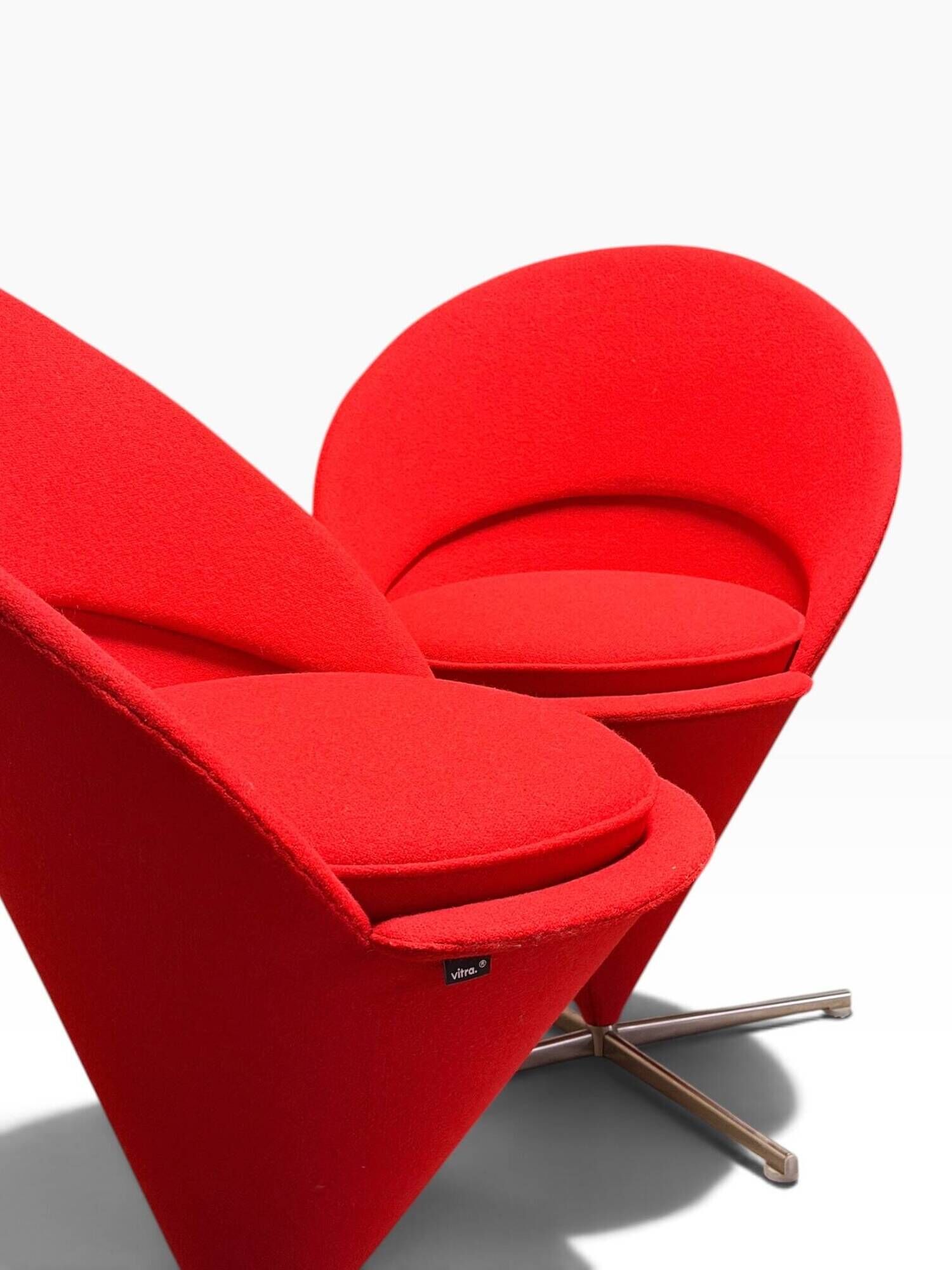 Pair of Cone Chair armchairs by Verner Panton for Vitra, red wool fabric.