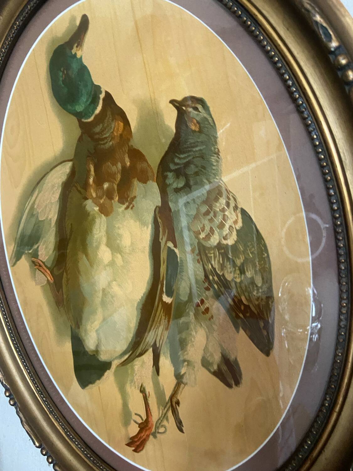 Antique oval frame with an oil painting of green collars