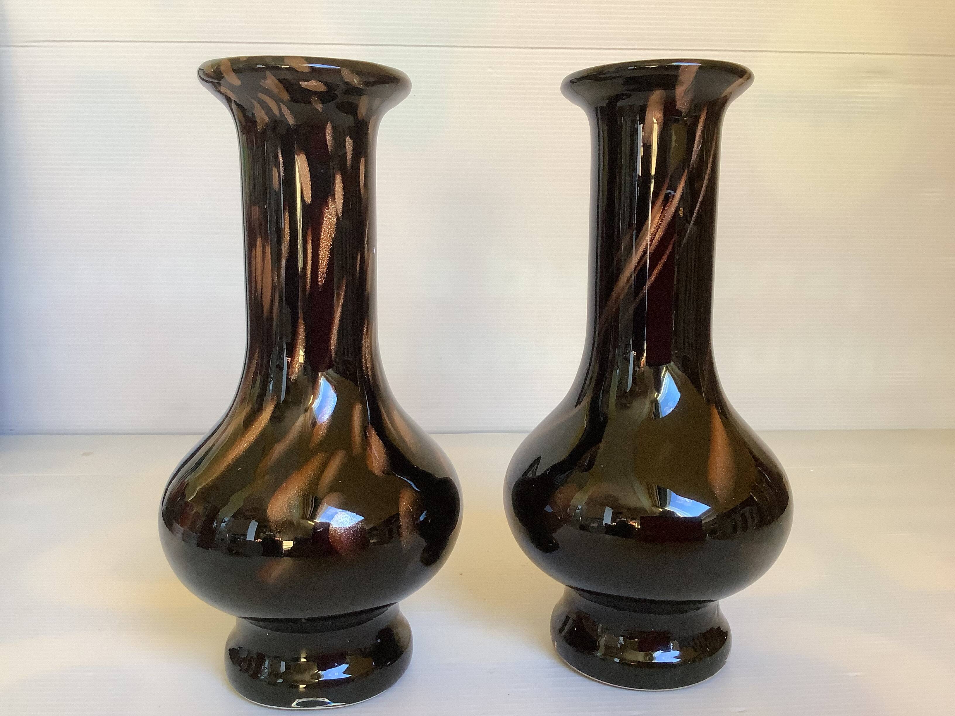 Pair of black and gold Murano vases