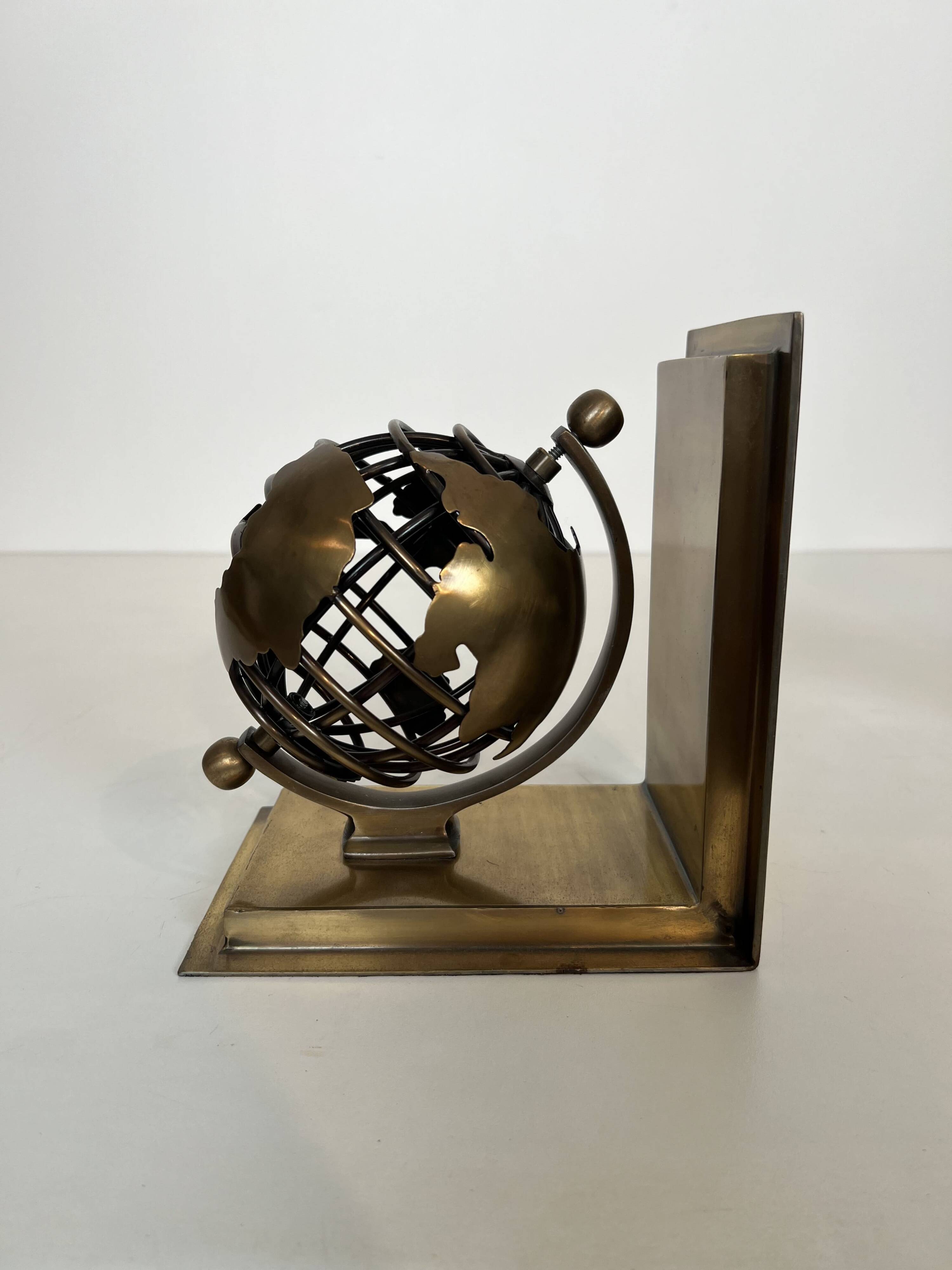 Pair of Brass Bookends with Openwork Globe Decorations. Work