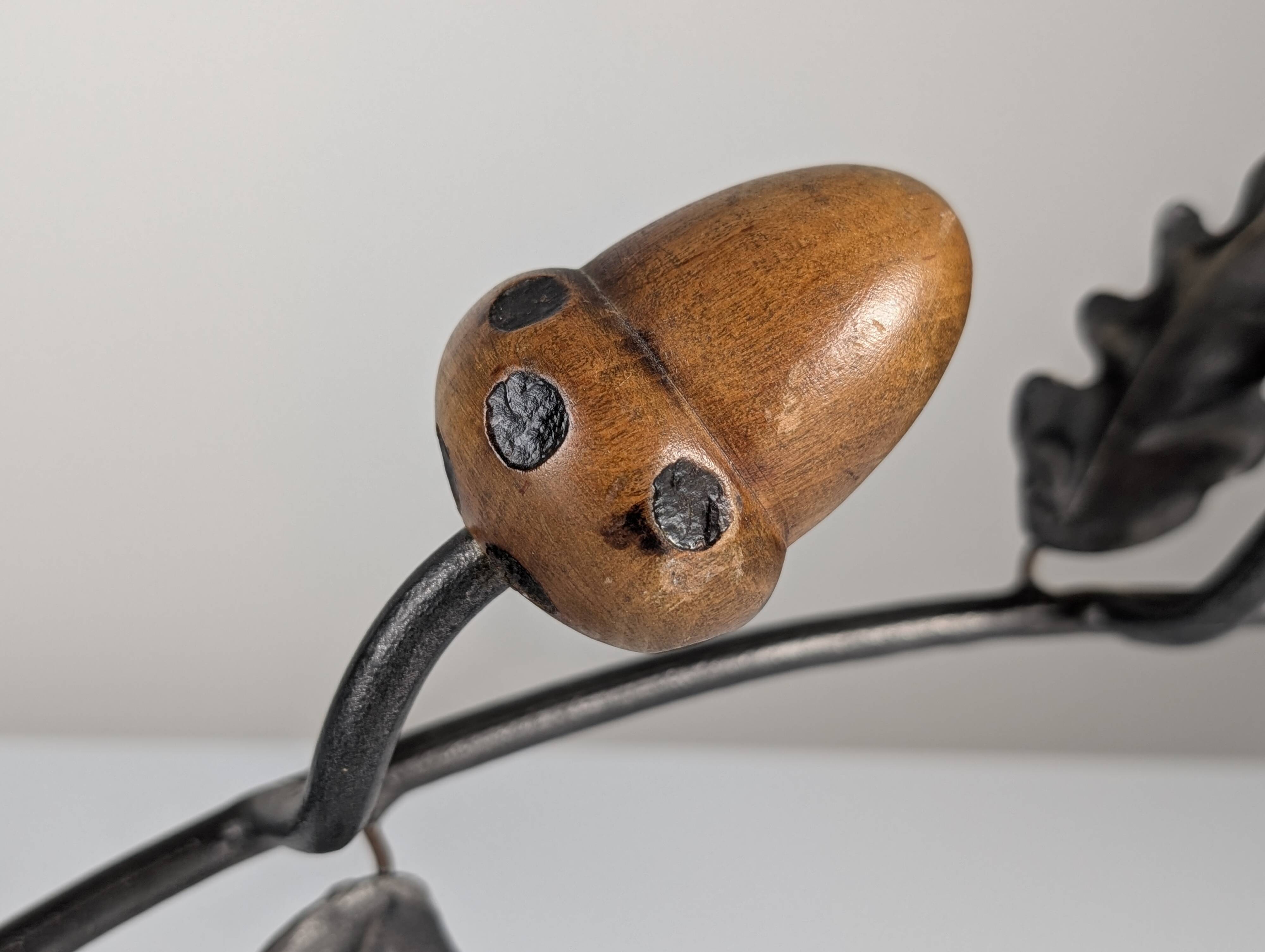 Signed Hand-Forged Iron & Wood Acorn Coat Rack, 1960s