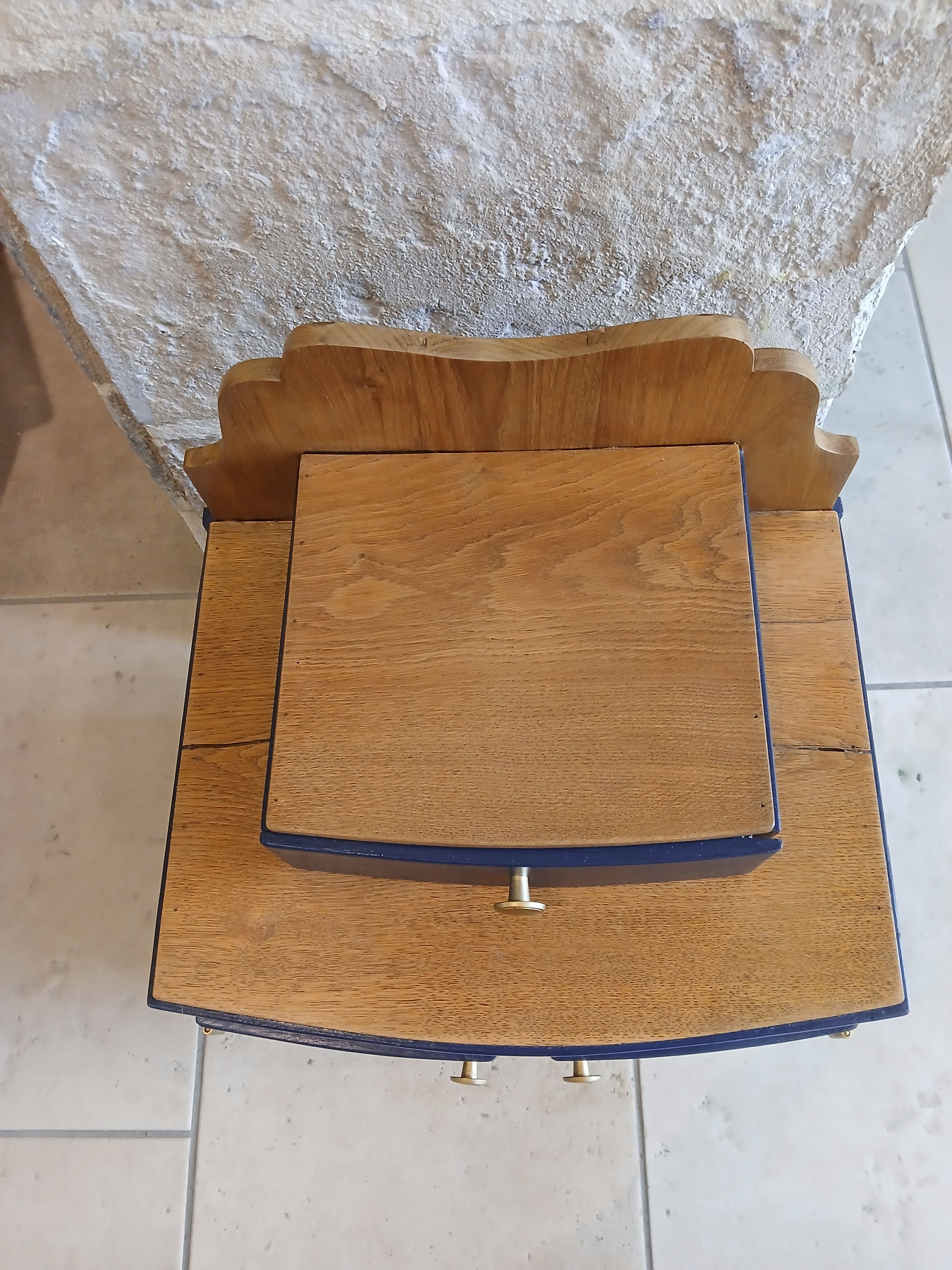 deep blue and wood refurbished bedside table