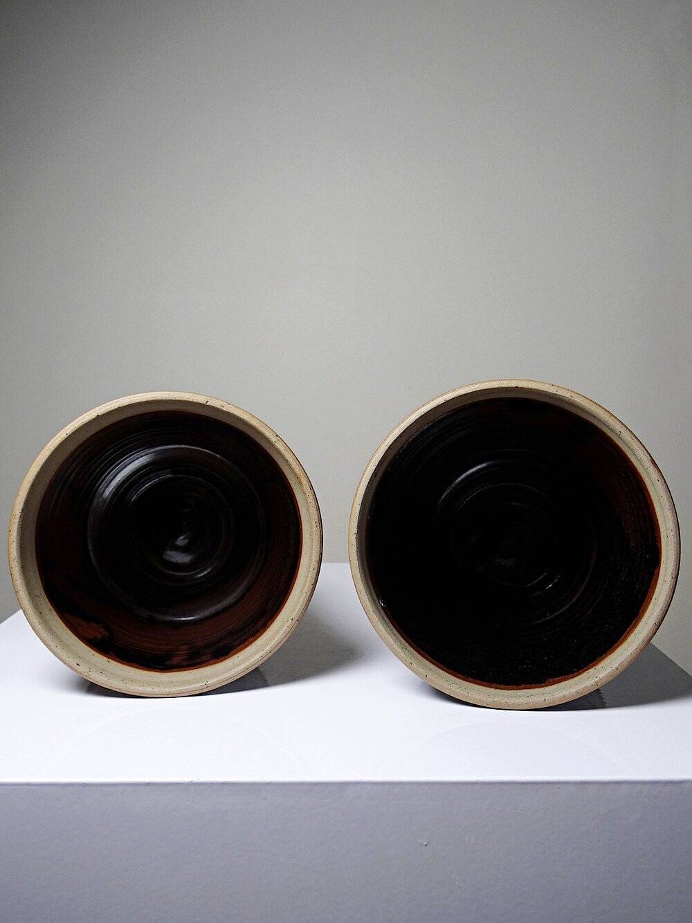 Pair of vintage 80s-90s Japanese-style stoneware pots, studio pottery, handcrafted and signed