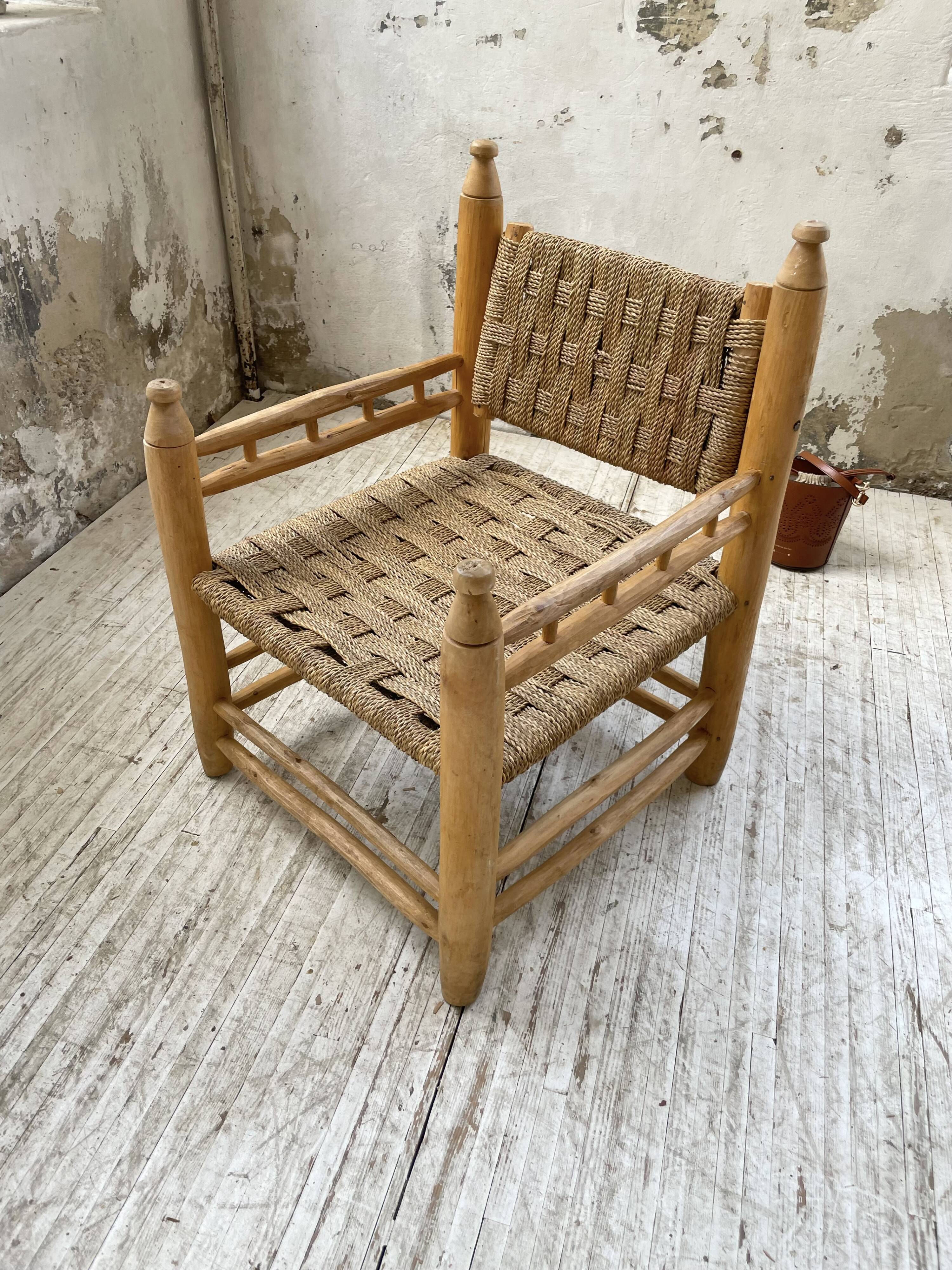 Moroccan wooden and rope armchair